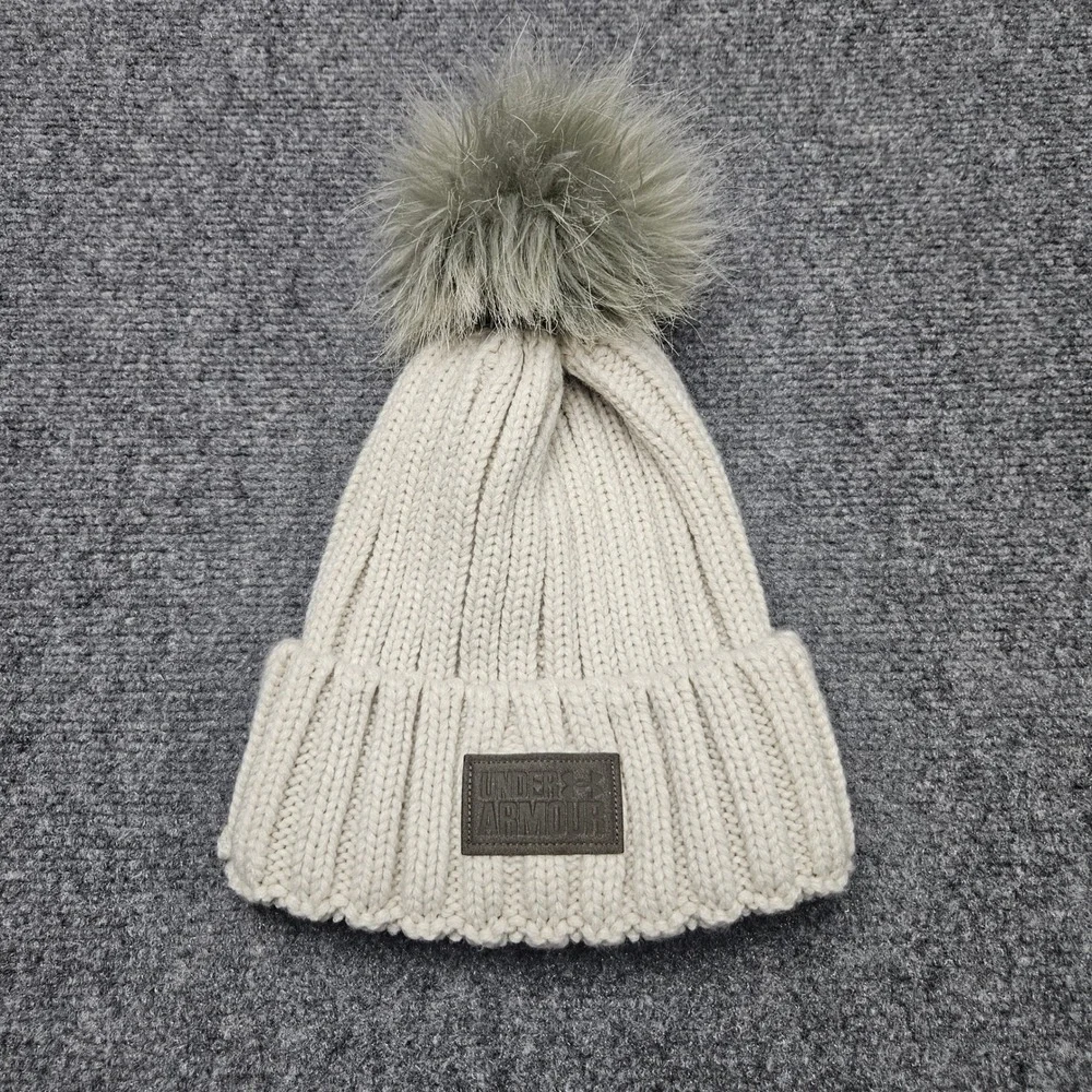 Under Armour Knit Beanie OS‎ Cream Faux Fur Pom Ribbed Cold Weather Winter